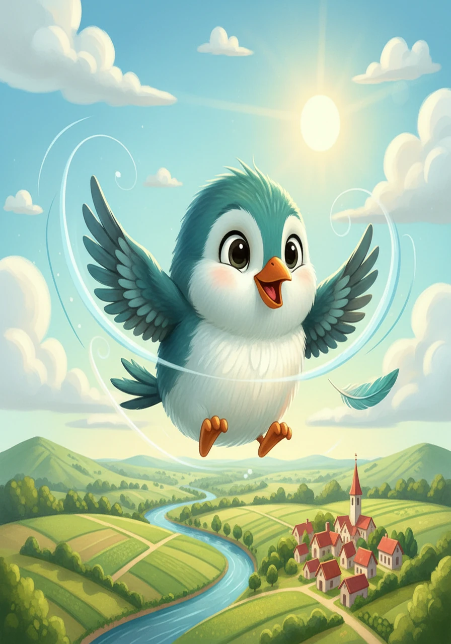 With a deep breath and a flutter of his tiny wings, Pip took the leap. He tumbled, flailing at first, but then something amazing happened – his wings caught the wind! He felt a thrilling rush as he started to glide, the world unfolding beneath him in a tapestry of green and blue. He was flying!