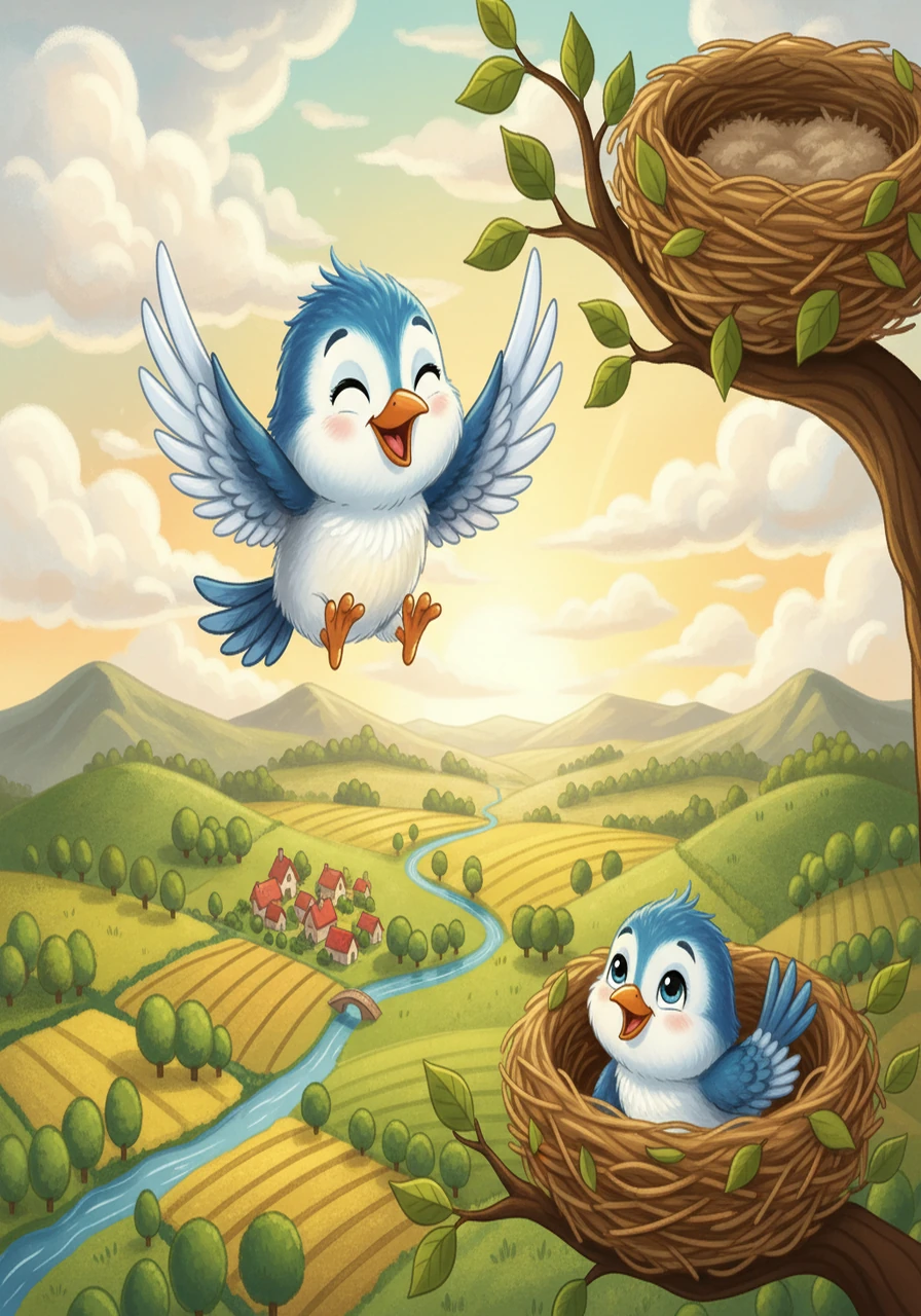 Pip soared higher and higher, the world stretching out before him like a beautiful map. He dipped and swerved, feeling the exhilaration of freedom. Below, the familiar trees and fields looked different from this new perspective. Finally, tired but overjoyed, Pip landed back in his nest, his heart full of the magic of flight and a newfound confidence.