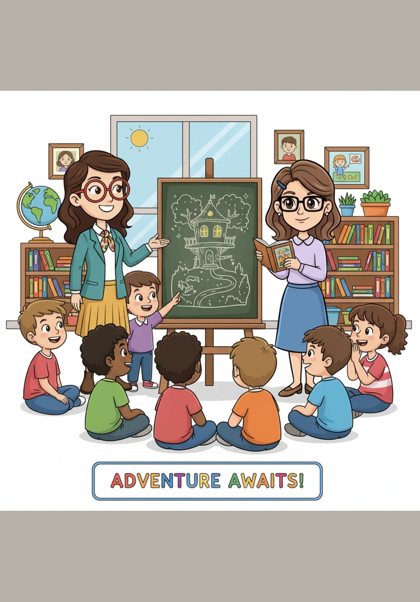 Ms. Ivonne and Ms. Adela gather the fourth and fifth-grade students around a mysterious, glowing door that has appeared behind the library bookshelf, its surface covered in intricate symbols and riddles waiting to be deciphered.