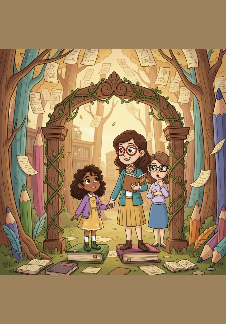 Alana and Brittany lead the curious group through the threshold, stepping into a vibrant forest where the trees are made of giant pencils and the leaves are sheets of parchment that whisper stories.