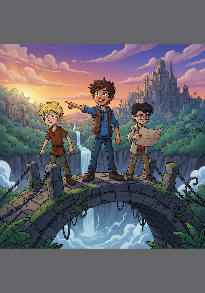 High above, Jonner, Santiago Sanchez, and Santiago Vargas study the swirling constellations in a purple sky, using their knowledge of geometry to map out the secret path through the enchanted woods.