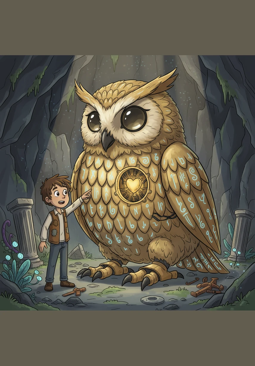 Matheiu and Deykel stumble upon a massive, slumbering mechanical owl whose brass feathers are etched with ancient runes, waiting for someone to find its missing golden heart.