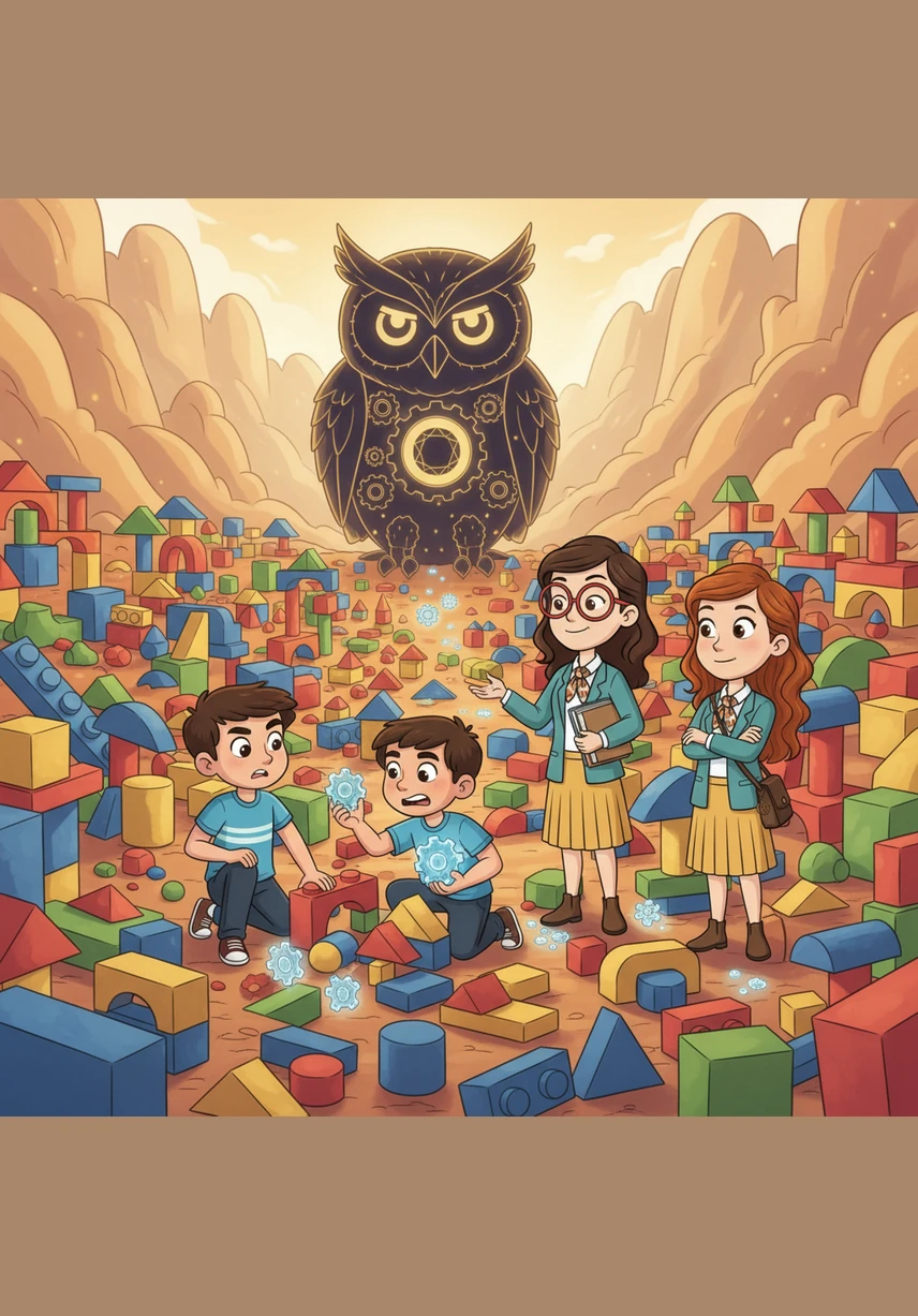 Working with great care, Bruno and Emiliano search through a valley of colorful building blocks to find the perfect crystalline gears needed to bring the great owl back to life.