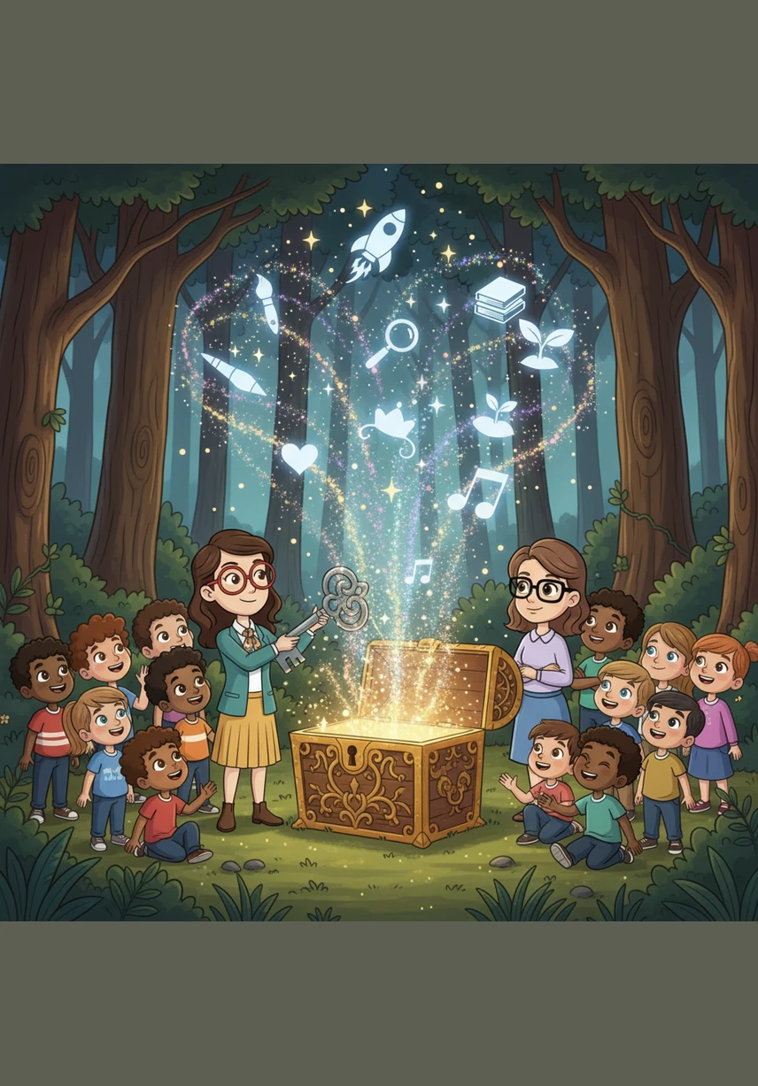 The entire class uses the silver key to open a grand golden chest at the heart of the forest, releasing a fountain of sparks that represent their shared dreams and bright futures.