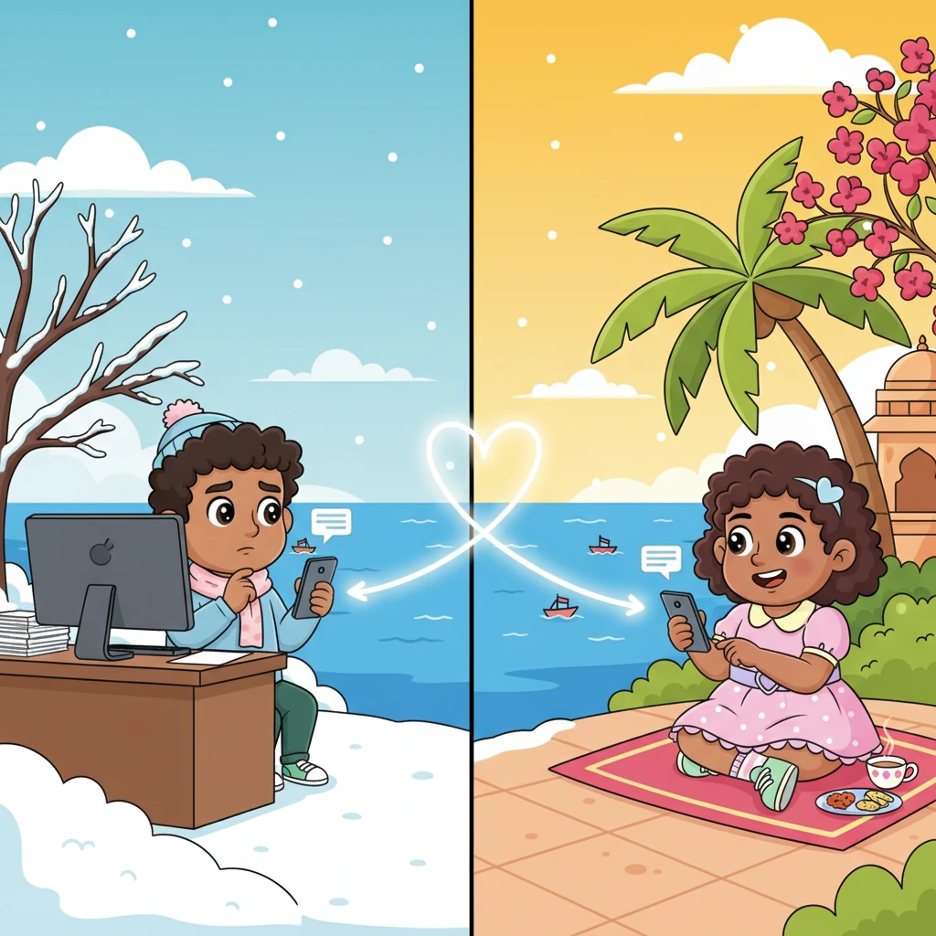 Months pass with an ocean between them, Vasudev in snowy Canada and Rohila in sunny India. Rohila, with a determined smile, knows her feelings, but Vasudev needs a little more time to decide as he navigates a big job change. They send each other encouraging messages, their connection growing stronger.