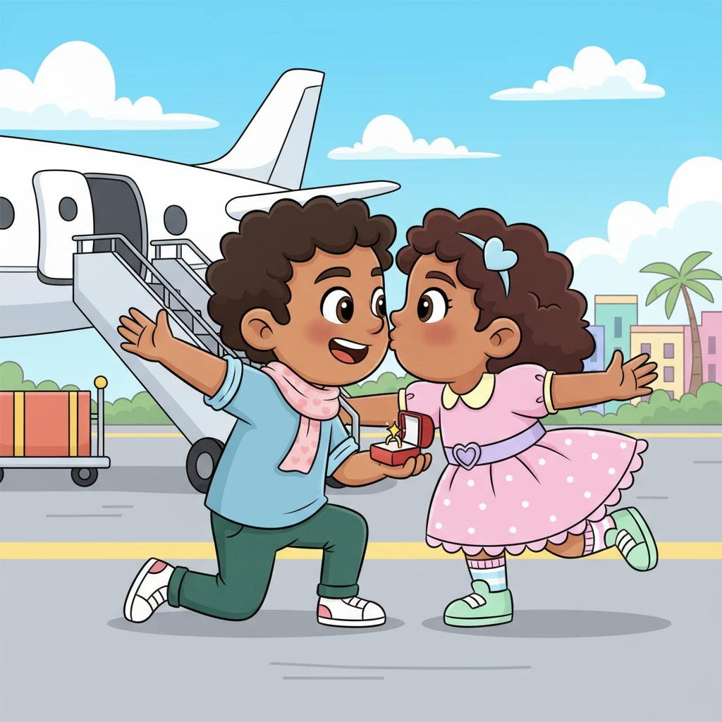 Finally, the big day arrives! Vasudev steps off the plane in India, and he and Rohila lock eyes for the very first time. With wide smiles and open arms, they rush into a joyful hug right there at the airport. He kneels down, presenting a sparkling ring, and they share their very first, magical kiss!