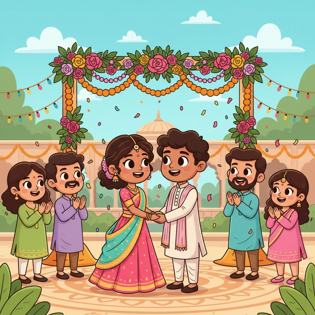 On a beautiful day in May, Rohila and Vasudev exchange vows at their native place, surrounded by family and friends. The air is filled with laughter, colorful decorations, and the sweet melody of celebration. They look at each other, their hearts full of happiness and promise.