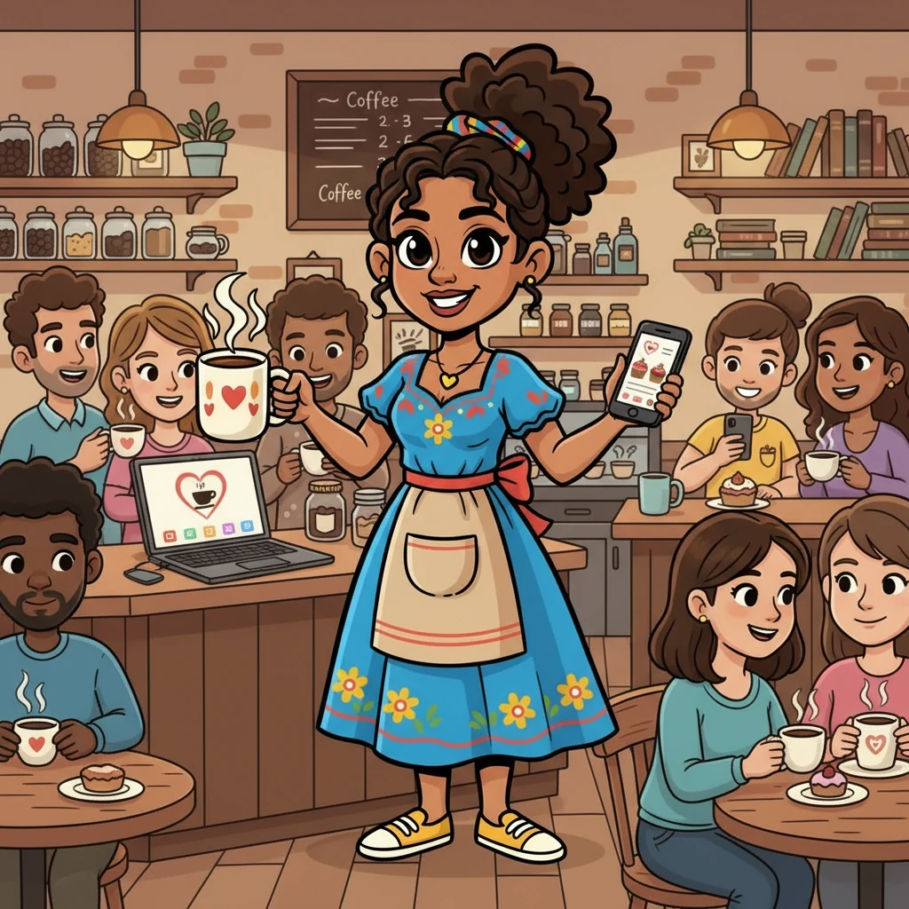 Con el tiempo, Coffee and More comenzó a crecer. Los clientes disfrutaban del ambiente cálido, el delicioso café y los postres caseros. La reputación del negocio se extendió gracias a las redes sociales, donde María compartía fotos y promociones. El logo de Coffee and More, diseñado con cariño, se convirtió en un símbolo de calidad y buen gusto.