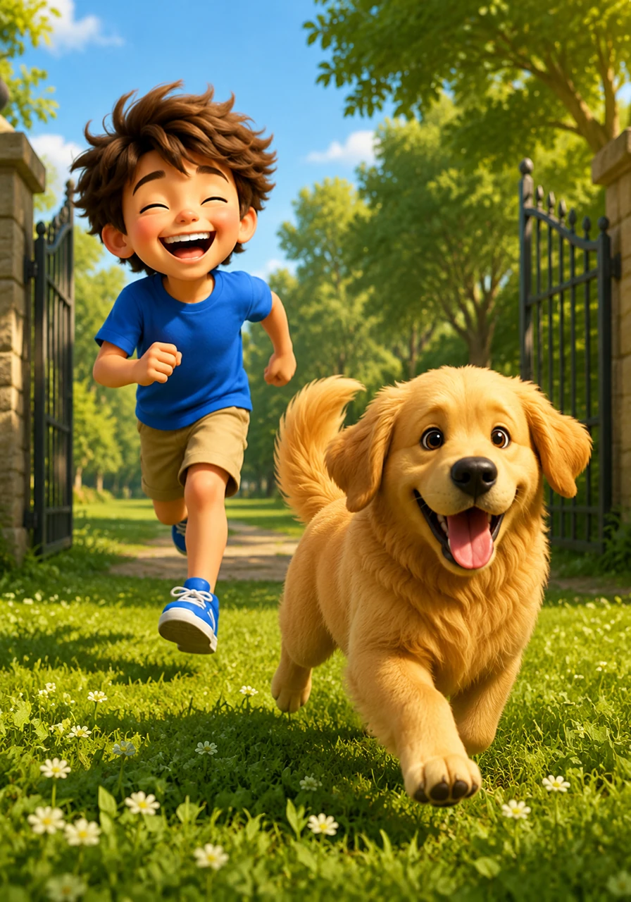 Bounding through the park gates, Barnaby immediately caught the scent of fresh clover and raced ahead. Leo laughed as the warm wind ruffled his hair, feeling the soft green grass beneath his feet.