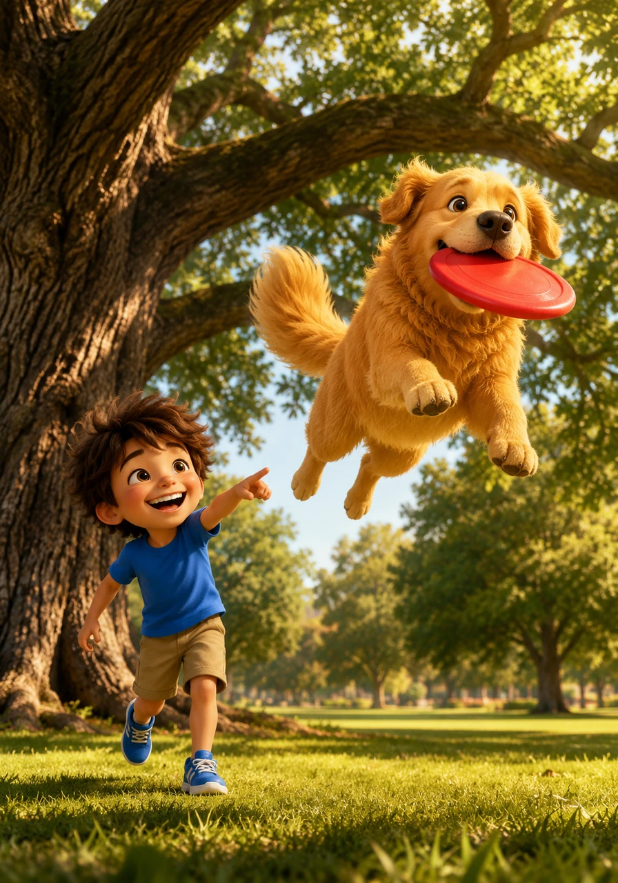 Under the shade of a massive, ancient oak tree, Leo threw a bright red frisbee high into the air. Barnaby leaped with boundless energy, his tail wagging like a propeller as he caught it with a triumphant snap.