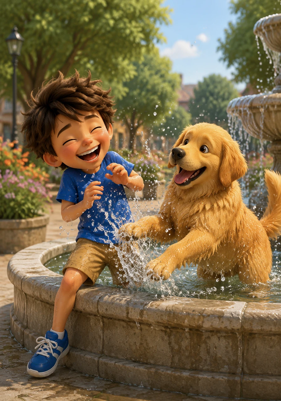 They stopped by a cool, bubbling stone fountain to quench their thirst. Barnaby splashed his paws playfully in the water, sending a refreshing spray of droplets all over Leo, who giggled uncontrollably.