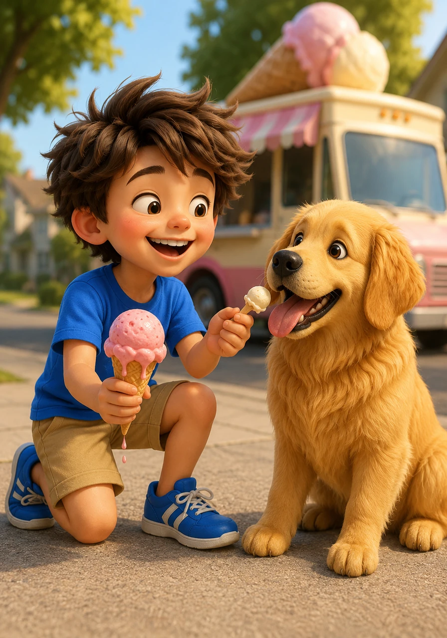 An ice cream truck jingled in the distance, and soon Leo was holding a dripping strawberry cone. He carefully shared a tiny, safe bite of Vanilla ice cream with Barnaby, who licked his chops in pure delight.
