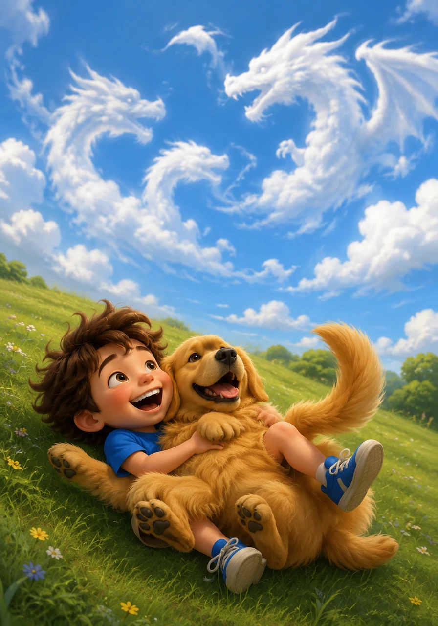 The duo rolled down a gentle, grassy hill together, tumbling over and over in a blur of blue shirt and golden fur. They landed at the bottom in a happy heap, looking up at the fluffy white clouds shaping like dragons in the sky.