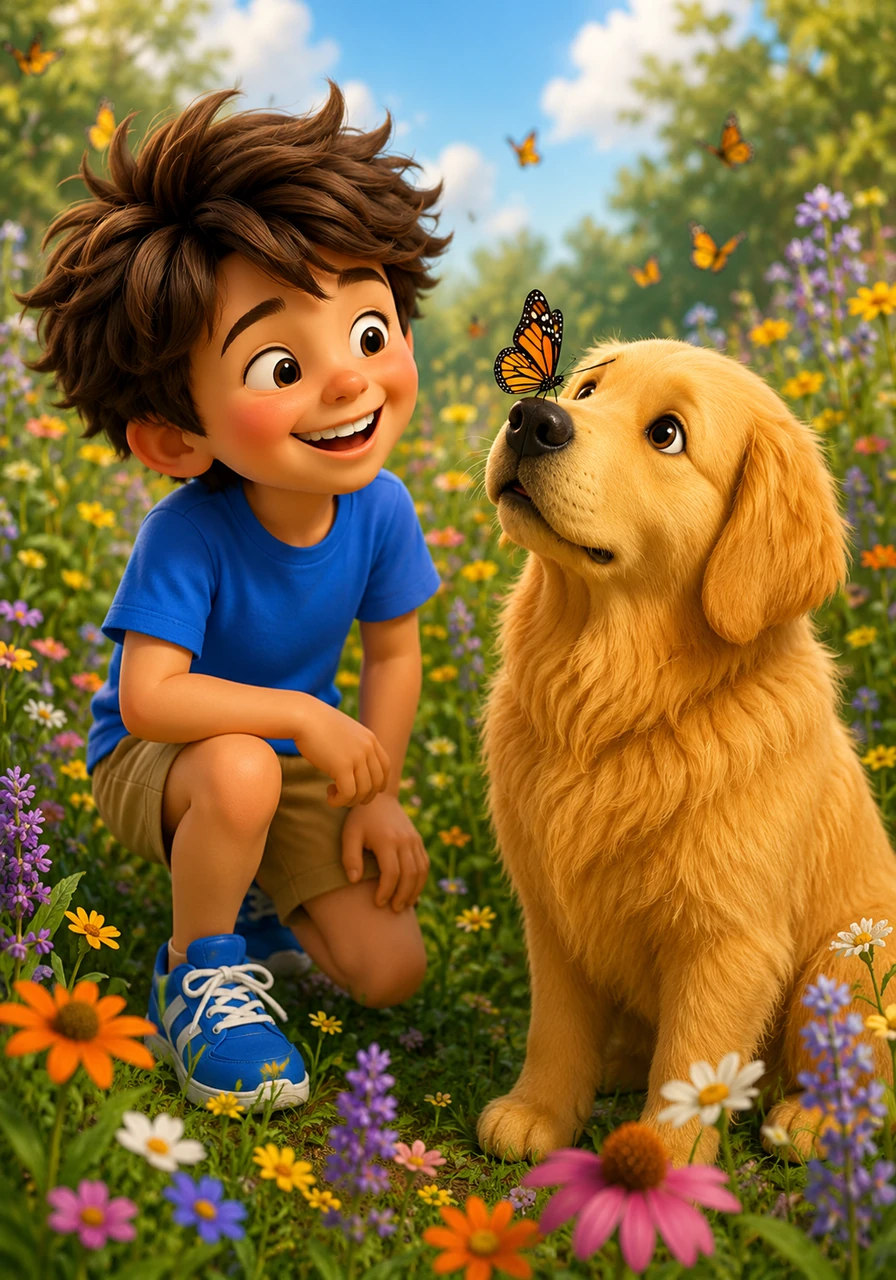 Later in the afternoon, they discovered a vibrant patch of wildflowers teeming with fluttering butterflies. Barnaby gently tilted his head, watching a monarch butterfly land right on the tip of his wet nose.