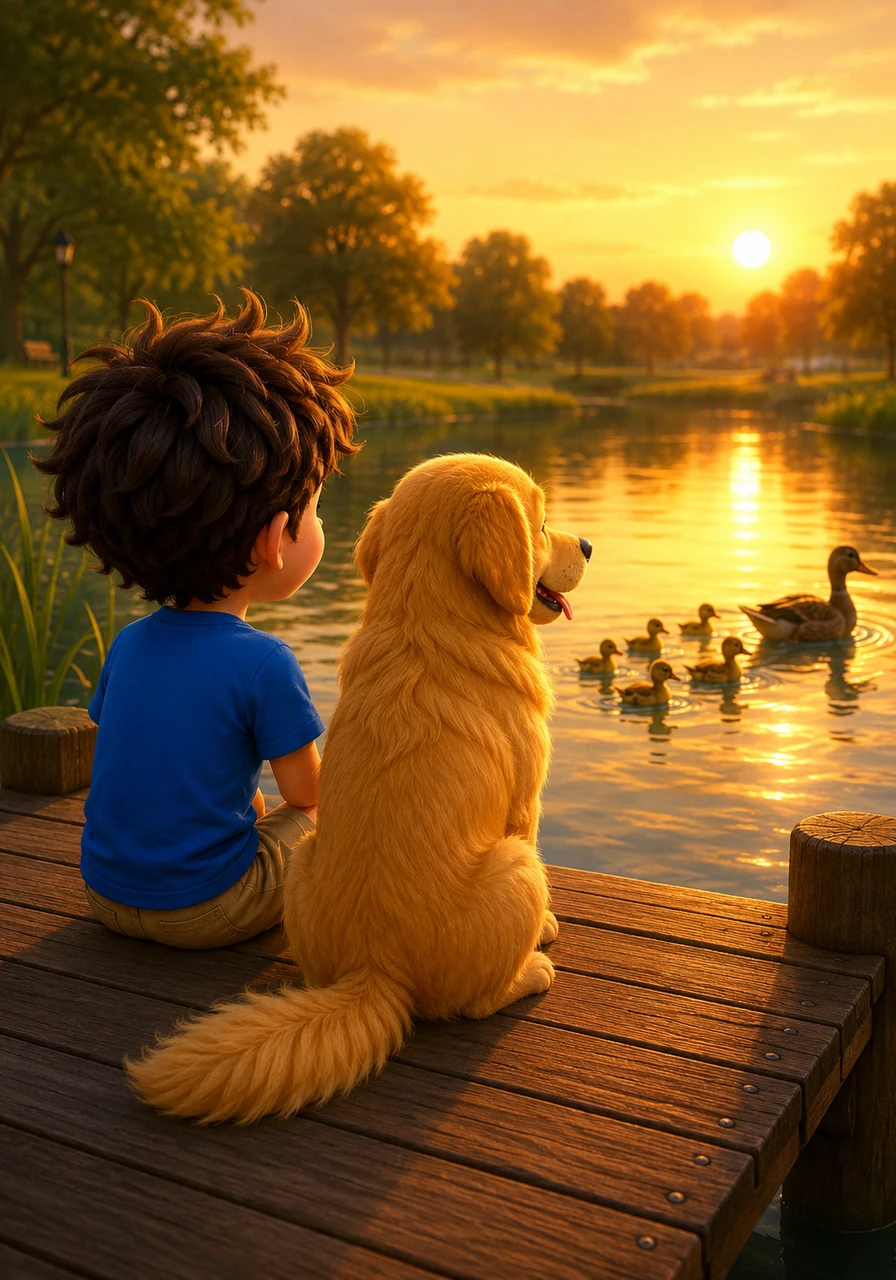 As the sun began its slow descent, they walked over to the park's wooden dock overlooking a calm, shimmering pond. Together, they watched a family of ducks glide peacefully through the golden water.