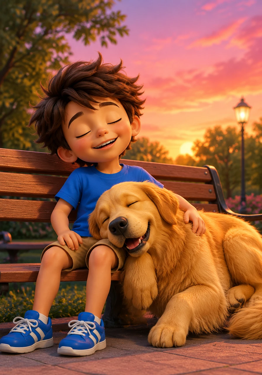 Exhausted but deeply content, Leo leaned against Barnaby's soft fur on a park bench as the sky turned a beautiful shade of pink and orange. Barnaby rested his heavy chin on Leo's knee, letting out a soft, happy sigh.
