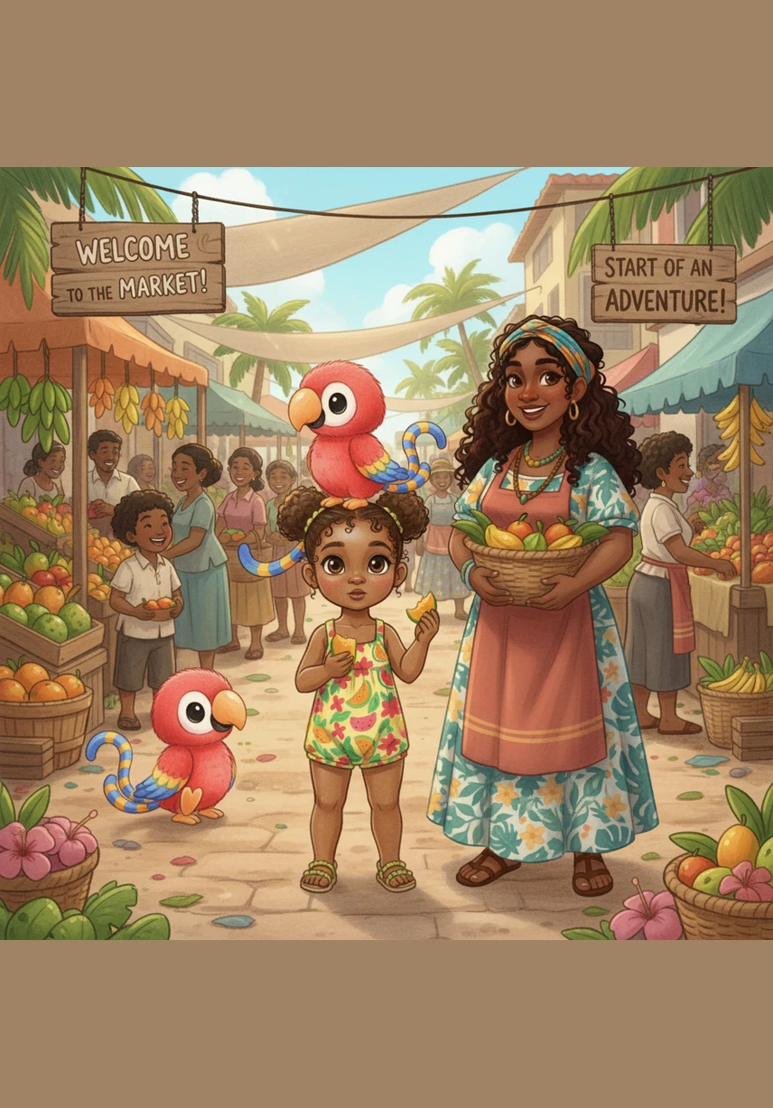 Little Aza arrives at the bustling Caribbean market with his favorite plush parrot, Pele, tucked under his arm. The sun is shining, and his colorful Maya-inspired backpack is ready for a big adventure.