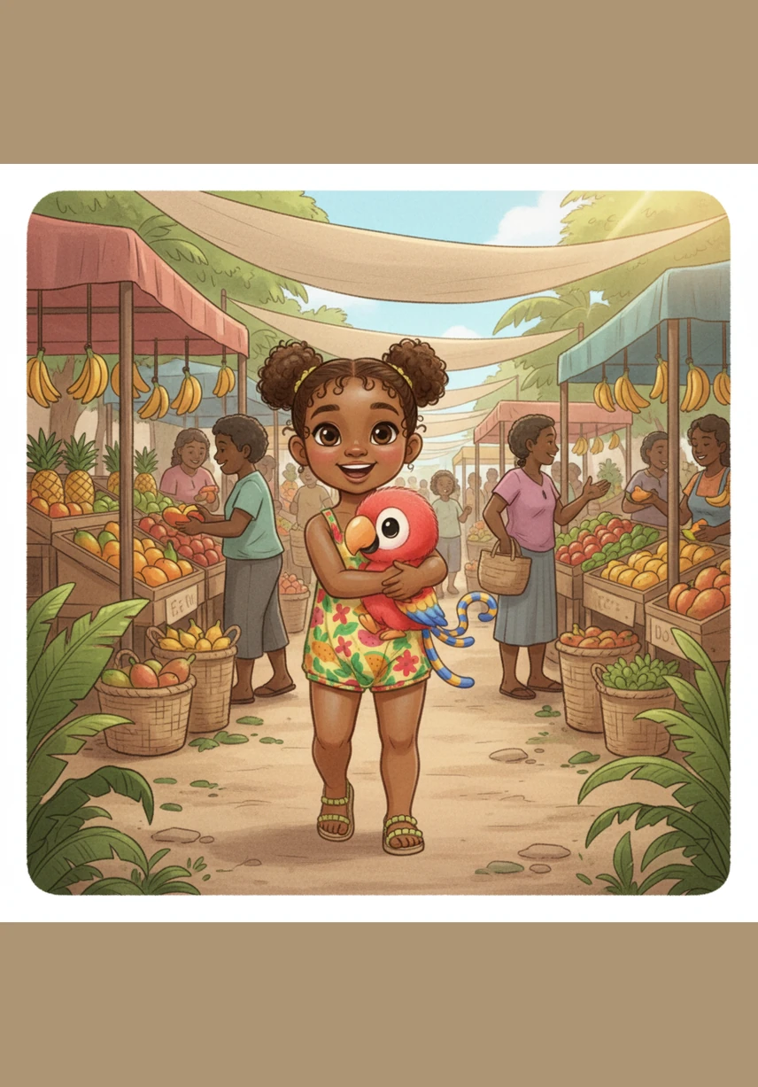 The market is filled with wonderful sights and sounds, from stacks of rice to piles of bright red peppers. Aza holds Pele close as they walk past the friendly vendors and their colorful stalls.