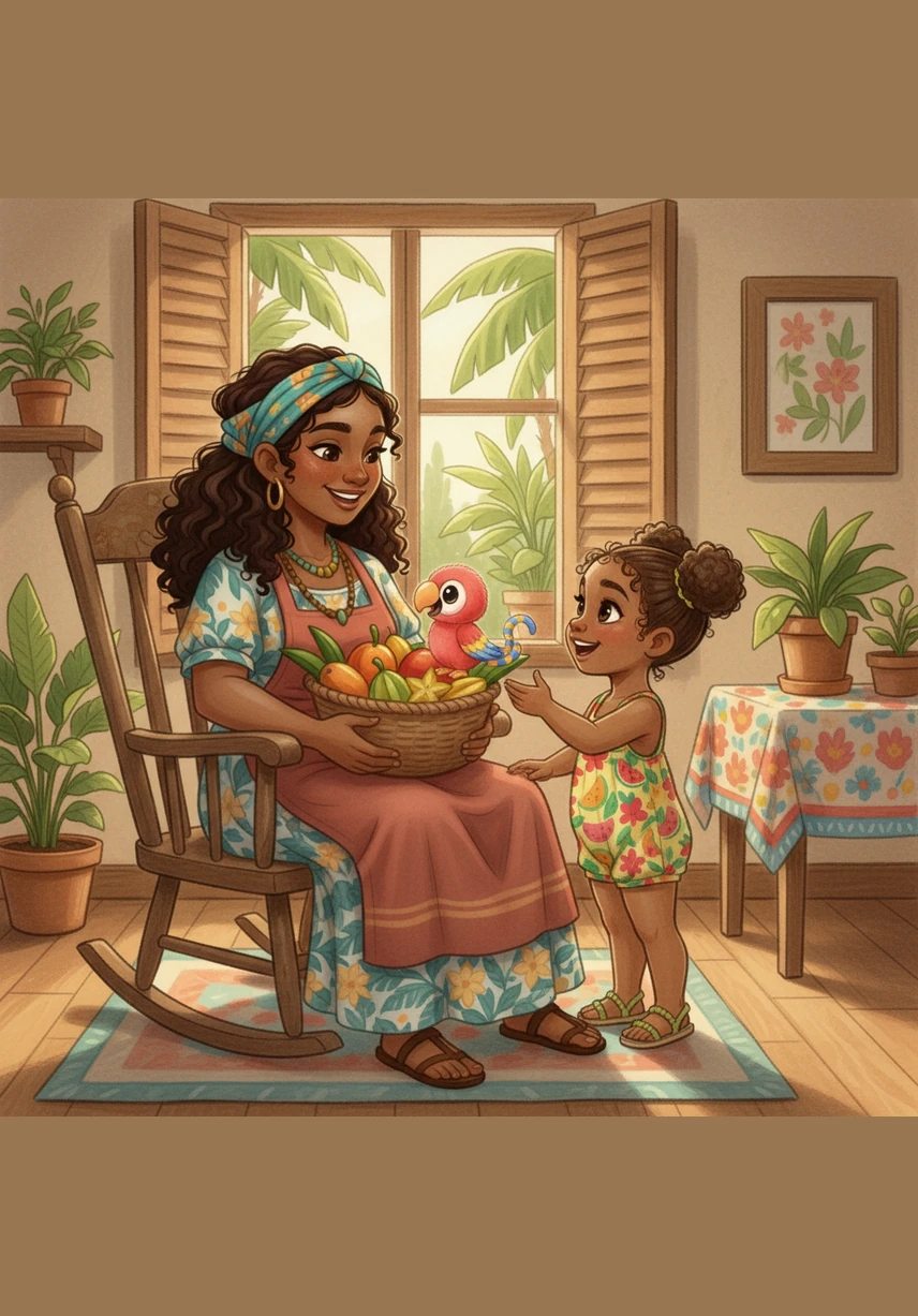 Aza stops in front of a big basket filled with round, sun-ripened mangoes. He points his tiny finger at the bright yellow and orange fruit, showing them to Pele.
