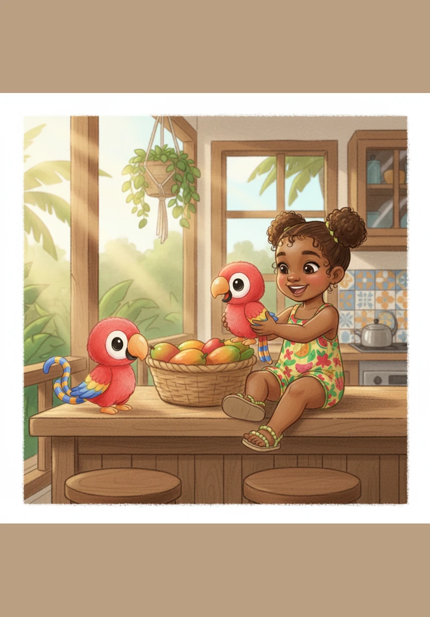 Pele the parrot leans forward, looking very excited about the sweet-smelling mangoes. Aza giggles as he imagines his plush friend wanting to take a little bite of the fruit.