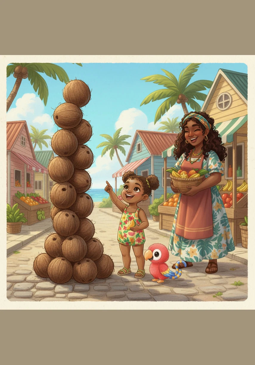 Next, they find a tall stack of fuzzy brown coconuts piled high on a wooden table. Aza looks up at them with wide, curious eyes, wondering how the rough shells feel.
