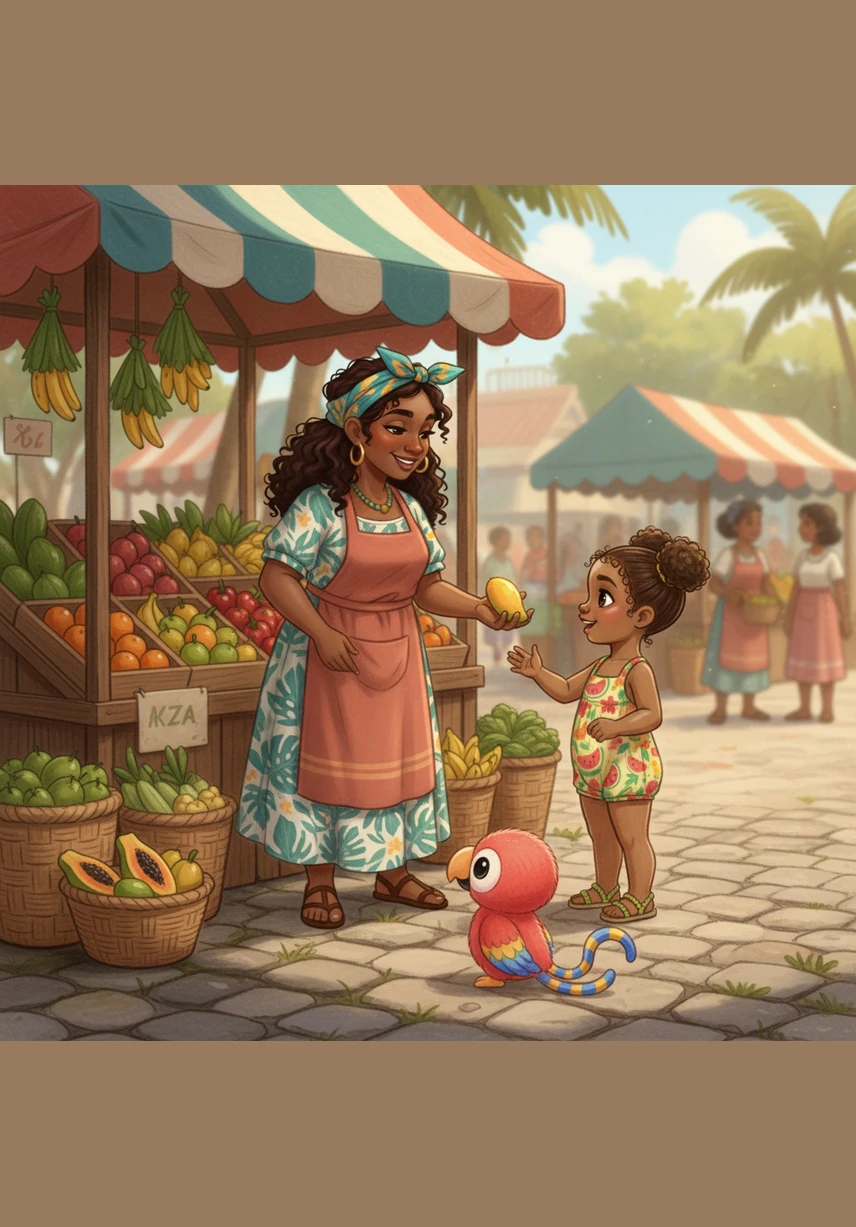 Mama reaches out her hand to pick the very best mangoes for their kitchen. Aza watches her carefully, learning how to choose the sweetest fruit at the market.