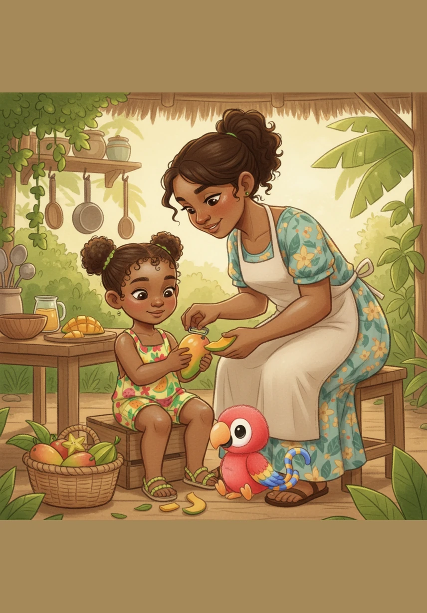 Mama hands the soft, heavy mangoes to Aza so he can help. He smiles wide, feeling very proud to hold the fruit while Pele watches safely from his arms.