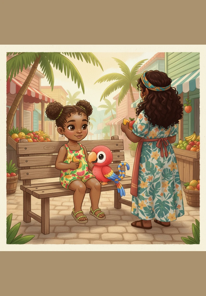 Aza finds a nice wooden bench to sit on for a little rest after their walk. He places Pele right beside him, and they both look out at the colorful market one last time.