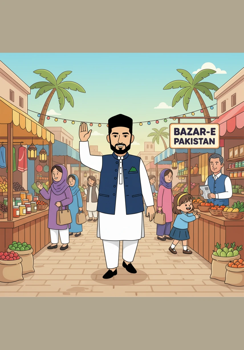 Shehbaz walks through a vibrant, sun-drenched marketplace filled with colorful stalls and the hum of happy shoppers. He wears a sharp suit and a warm, approachable smile, waving to the local vendors as he explores the busy streets.
