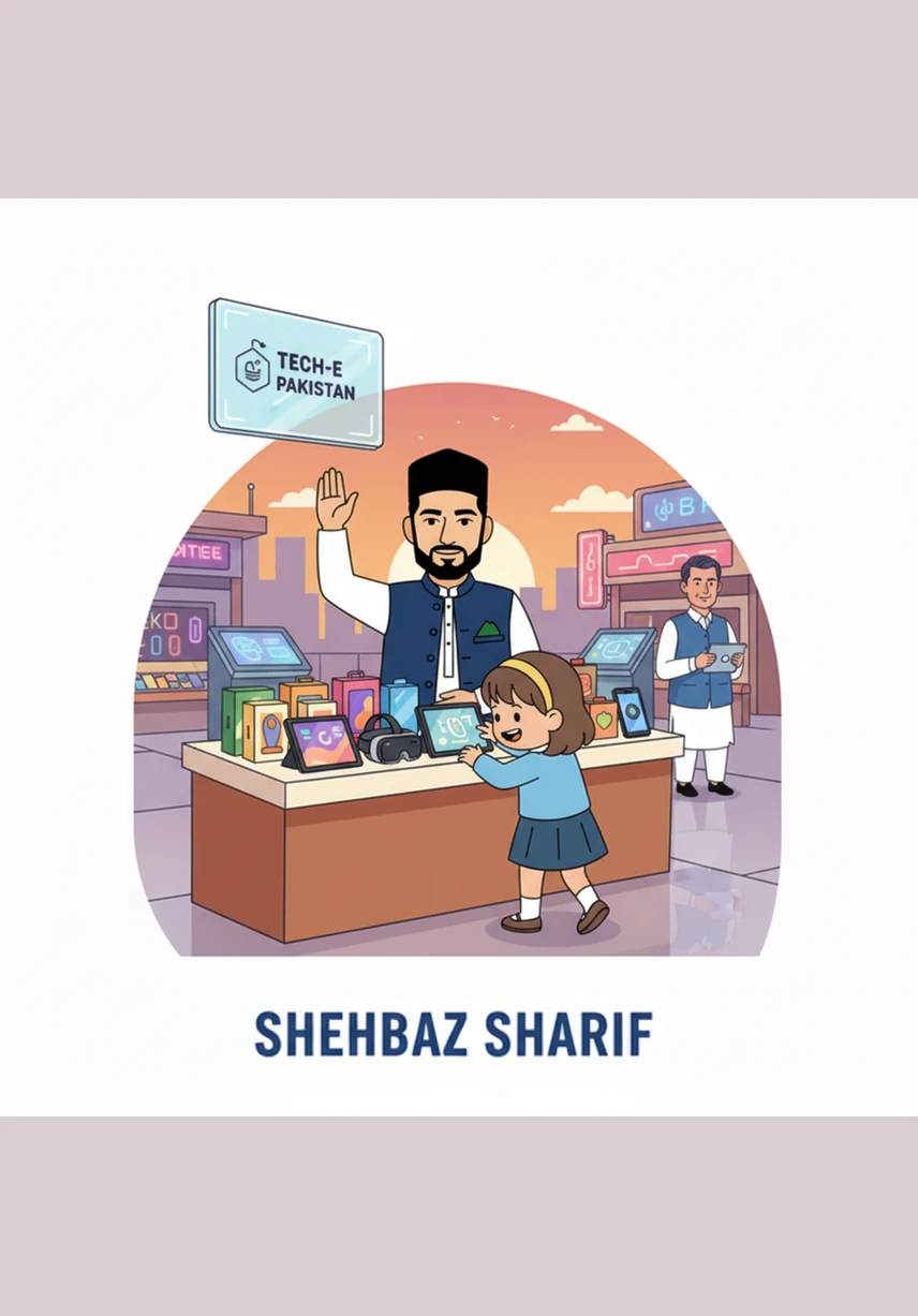 He pauses at a modern tech booth where a young girl is excitedly testing a new tablet. A bright neon sign above the counter reads a special message about a mega sale and discounts for students.