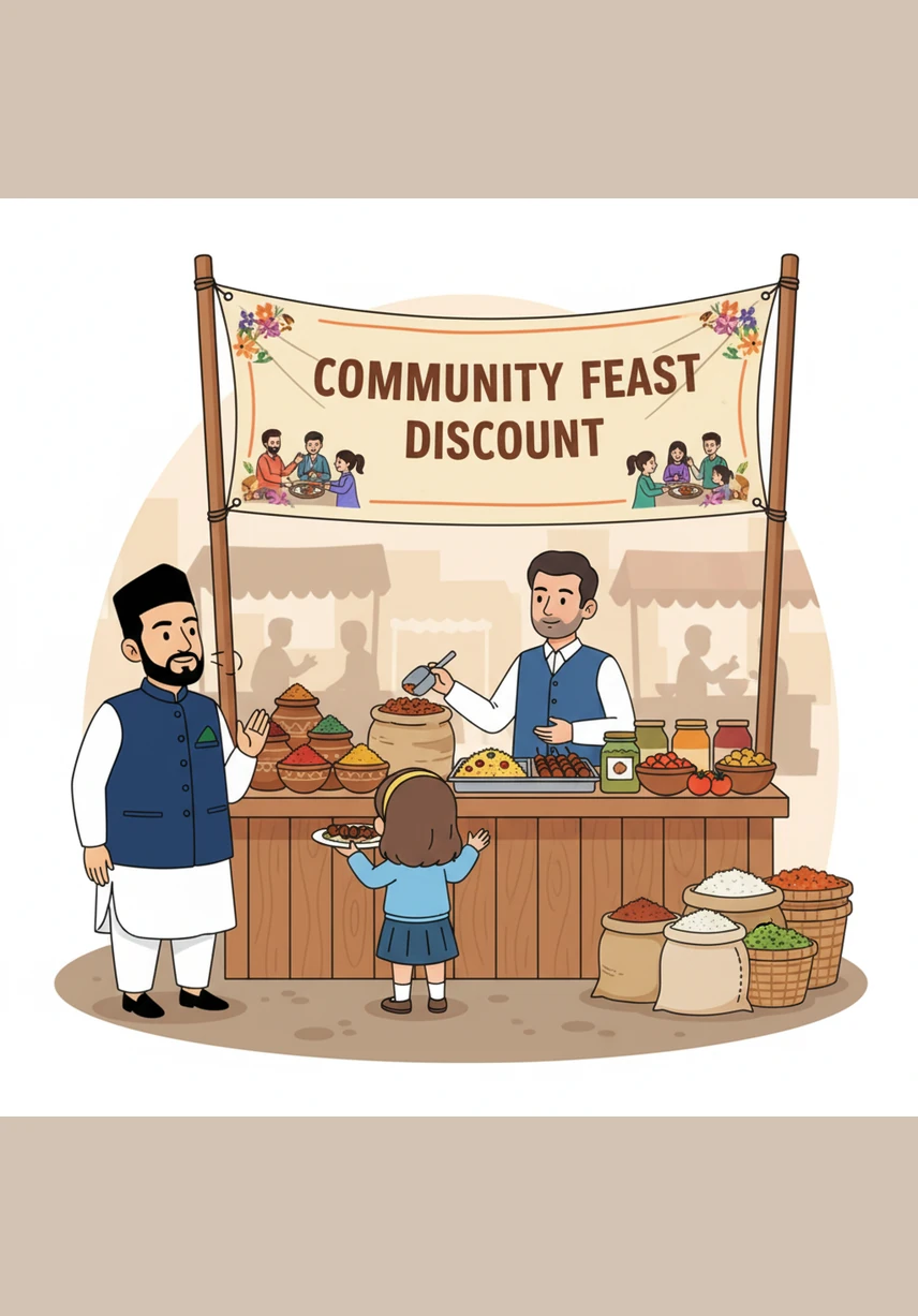 A few steps away, the delicious aroma of fresh spices leads him to a bustling food stall. A large, hand-painted banner proudly displays a community feast discount meant for families and friends to share.