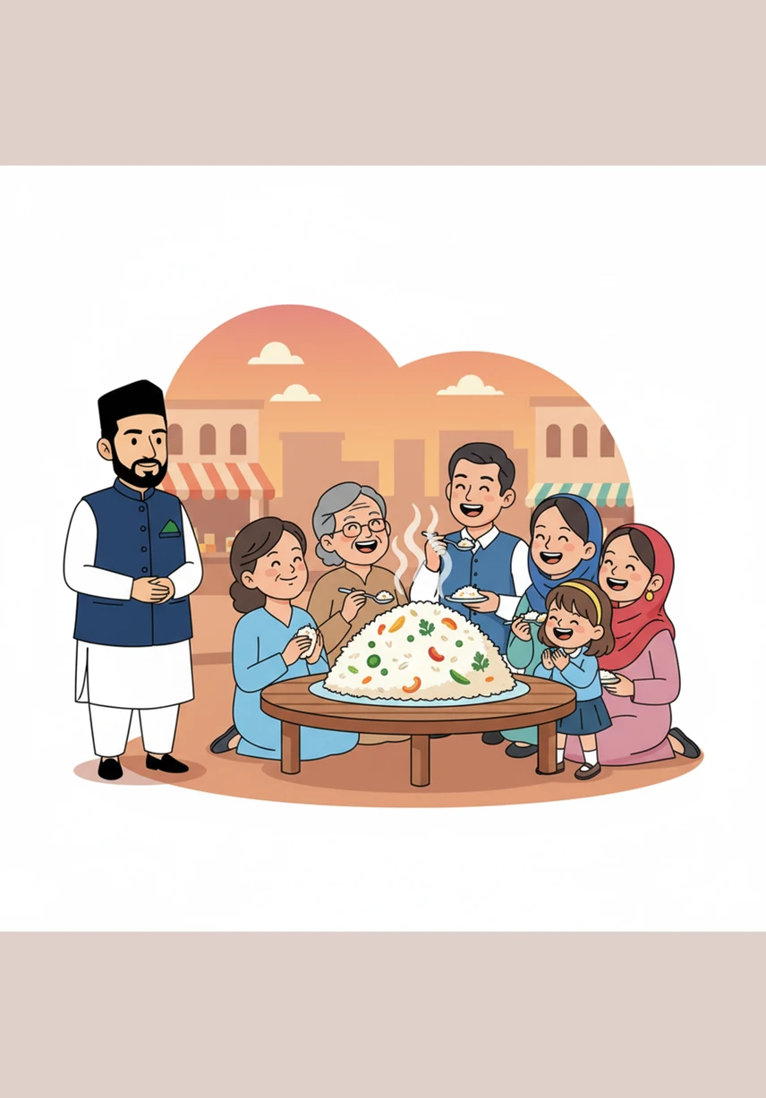 He watches a large family sharing a mountain of fragrant rice and colorful vegetables, their laughter echoing through the square. The sense of togetherness in the air is palpable and heartwarming to witness.