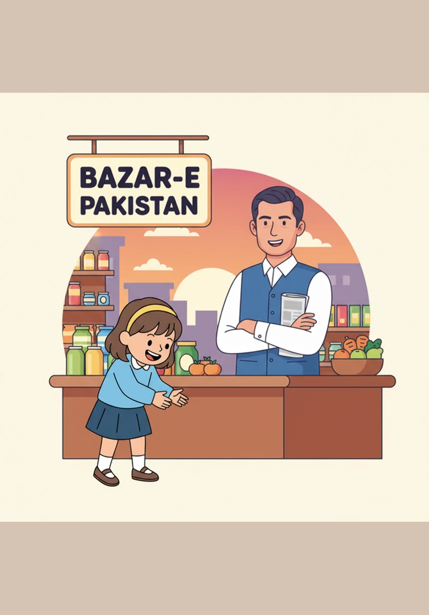 Shehbaz looks at the happy family and then back at the special offer sign with a playful expression. He leans toward the shopkeeper and says with a friendly laugh, "Mere liye bhi same offer laga do!"