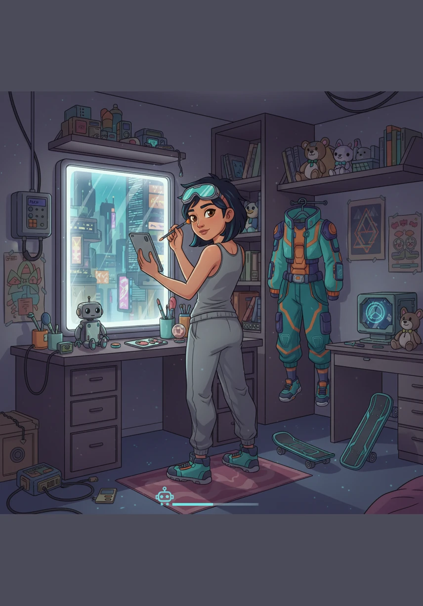 Maya berdiri di depan cermin, merapikan seragam batik birunya yang rapi dan menyematkan papan nama di dadanya dengan bangga. Ia tersenyum penuh semangat, siap memulai hari barunya sebagai seorang teller bank di jantung kota Jakarta yang mulai sibuk.