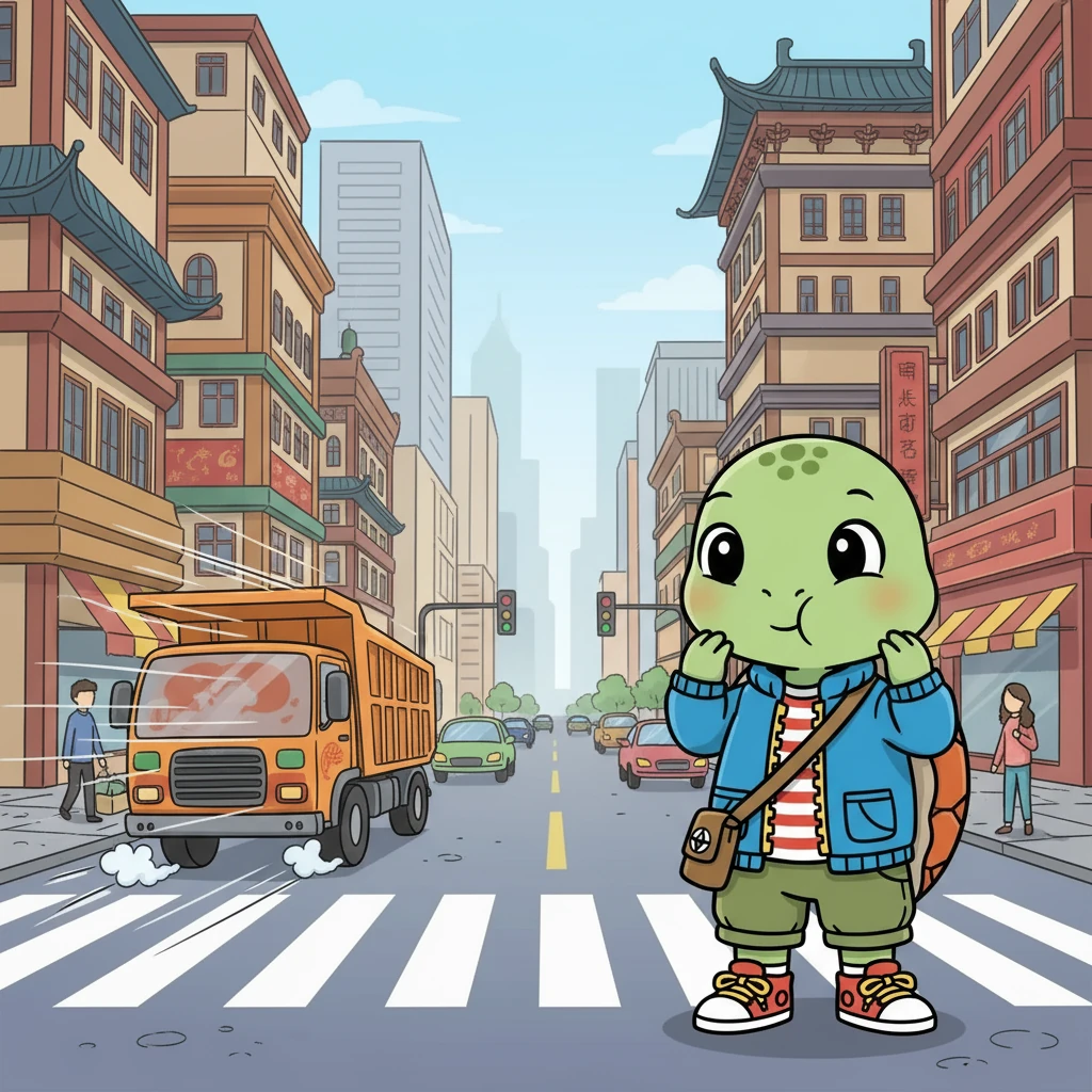 壳壳小心翼翼地穿过繁忙的街道，高耸的建筑物让他感到渺小。一辆巨大的卡车呼啸而过，壳壳吓得赶紧缩进了壳里。他深吸一口气，勇敢地继续前进，寻找爸爸的线索。