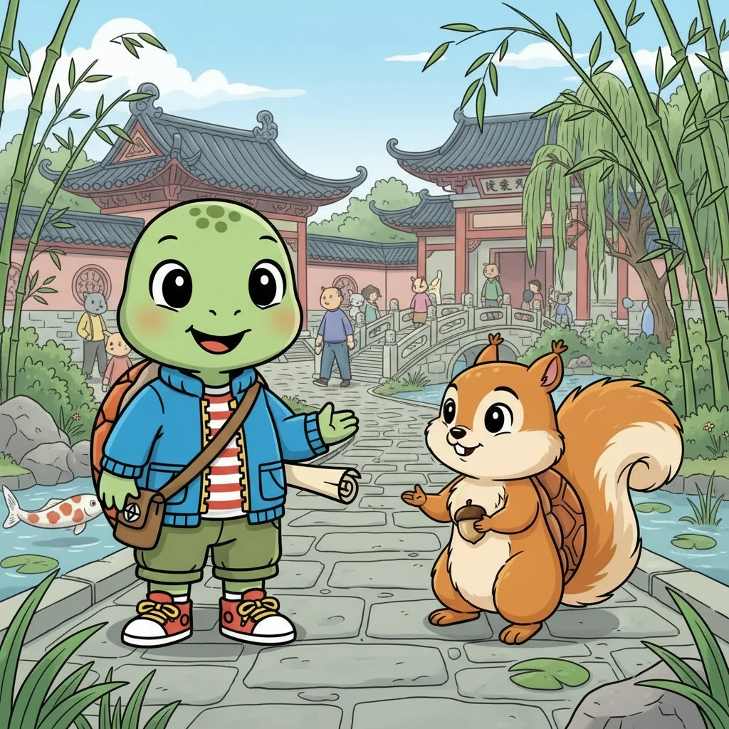 在熙熙攘攘的公园里，壳壳遇到了一只友善的小松鼠。小松鼠名叫吱吱，它告诉壳壳，它见过一只大乌龟，很可能就是壳壳的爸爸。吱吱热情地表示愿意帮助壳壳。