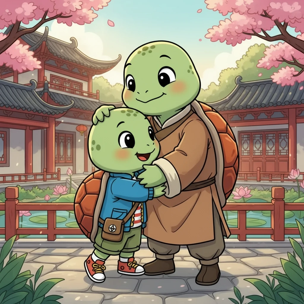 壳壳终于和爸爸重逢了，他们紧紧拥抱在一起。壳壳向爸爸讲述了他的冒险经历，爸爸骄傲地抚摸着壳壳的头。壳壳明白了，无论遇到什么困难，只要勇敢地去面对，就能找到爱和温暖。