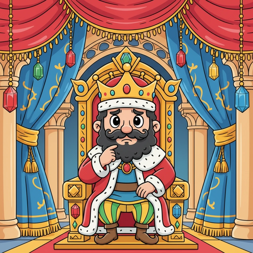 بادشاہ عادل اپنے شاندار محل میں اپنے تخت پر بیٹھا ہے، اس کے چہرے پر پریشانی کے بادل ہیں۔ اس کے آس پاس قیمتی زیورات اور روشن رنگوں والے پردے ہیں۔ وہ اپنی ٹھوڑی پر ہاتھ رکھے گہری سوچ میں ڈوبا ہوا ہے۔