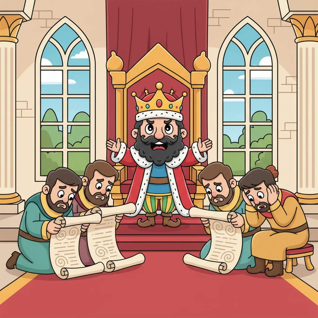 بادشاہ اپنے مشیروں سے گھرا ہوا ہے، جو بڑے بڑے طومار کھولے ہوئے ہیں اور پریشان نظر آ رہے ہیں۔ بادشاہ ایک مشکل پہیلی یا مسئلے کو حل کرنے کی کوشش کر رہا ہے، لیکن کوئی بھی اس کی مدد نہیں کر پا رہا ہے۔ تمام درباری سر جھکائے بیٹھے ہیں۔