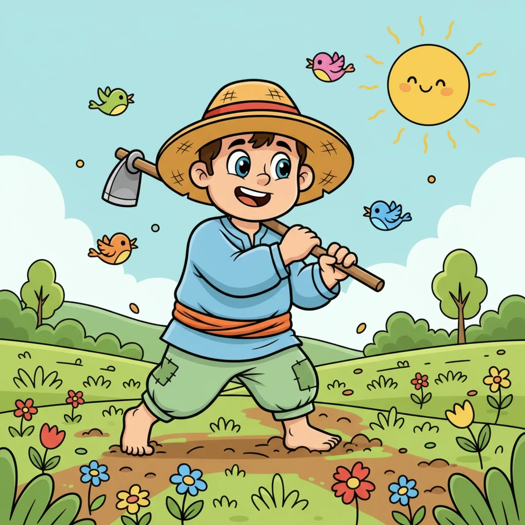 رحیم کسان اپنے ہرے بھرے کھیتوں میں مسکراتا ہوا ہل چلا رہا ہے۔ سورج چمک رہا ہے اور پرندے چہچہا رہے ہیں۔ وہ سادہ لباس میں ہے لیکن اس کے چہرے پر اطمینان اور خوشی نمایاں ہے۔