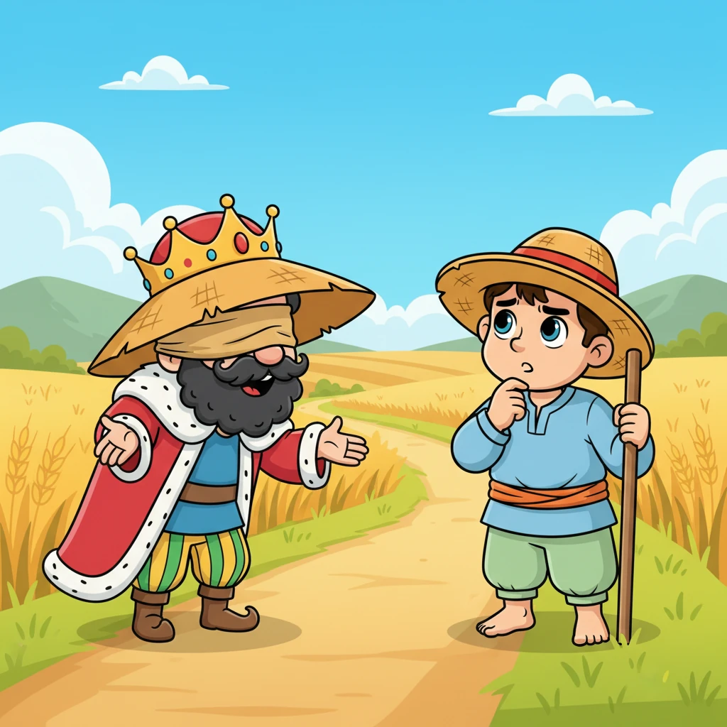 بادشاہ رحیم کے کھیت پر پہنچتا ہے، جہاں رحیم ابھی بھی کام کر رہا ہے۔ بادشاہ، اپنے بھیس میں، رحیم کو اپنی مشکل پہیلی سناتا ہے اور اس سے مدد مانگتا ہے۔ رحیم غور سے سنتا ہے اور اس کے چہرے پر سوچ کے آثار ہیں۔