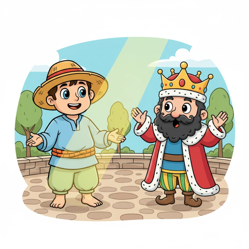 رحیم کسان ایک سادہ سی مسکراہٹ کے ساتھ بادشاہ کی پہیلی کا جواب دیتا ہے۔ اس کا جواب اتنا سادہ اور دانا ہوتا ہے کہ بادشاہ حیران رہ جاتا ہے۔ سورج کی روشنی رحیم کے چہرے پر پڑ رہی ہے، جیسے وہ کوئی نورانی بات کر رہا ہو۔