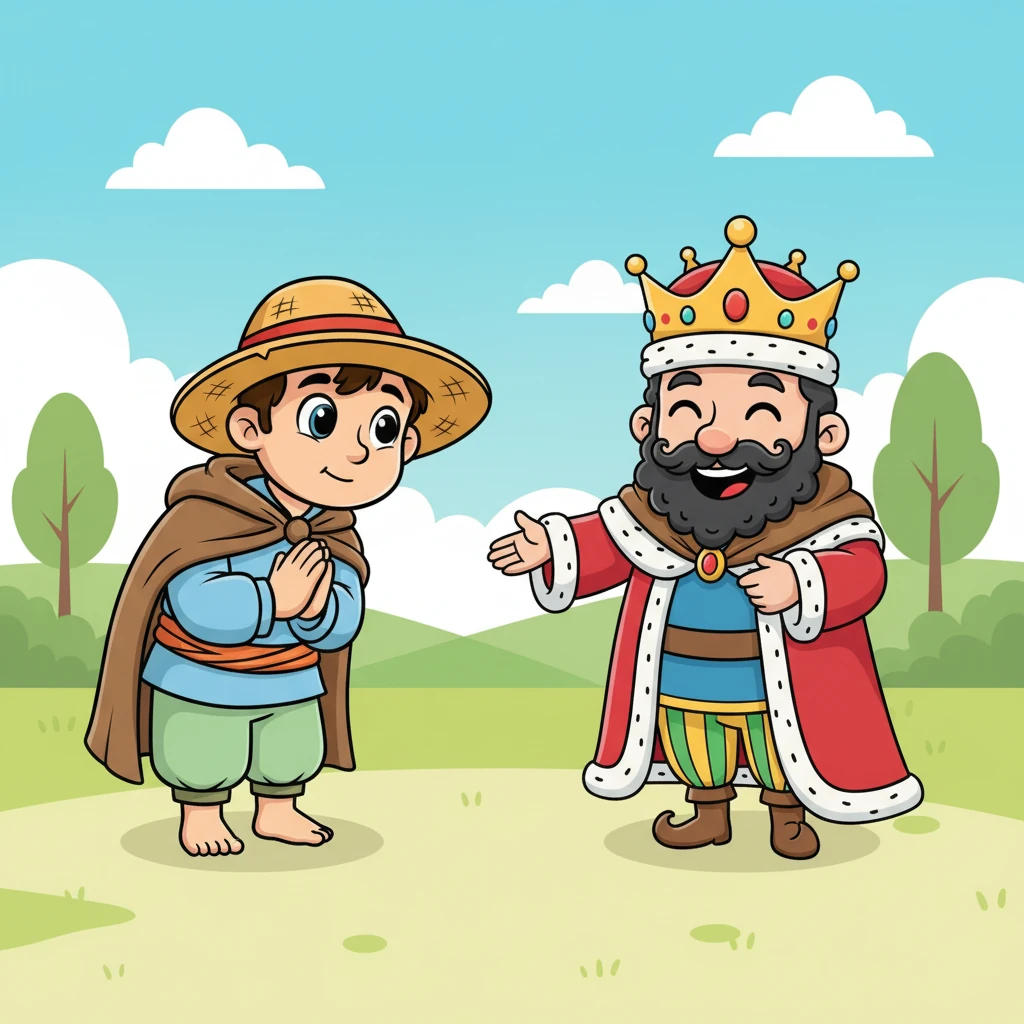 بادشاہ خوشی سے اپنا بھیس اتار دیتا ہے اور اپنی شاہی پہچان ظاہر کرتا ہے۔ رحیم کسان احترام سے سر جھکاتا ہے، لیکن اس کے چہرے پر کوئی خوف نہیں، صرف تعجب اور مسکراہٹ ہے۔ بادشاہ رحیم کی دانشمندی کی تعریف کرتا ہے۔