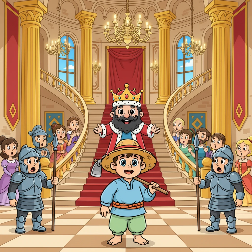 بادشاہ عادل رحیم کسان کو اپنے شاندار محل میں مدعو کرتا ہے۔ رحیم، اگرچہ سادہ لباس میں ہے، لیکن پر اعتماد اور پرسکون نظر آتا ہے۔ محل کے دربان اور درباری حیرانی سے رحیم کو دیکھ رہے ہیں۔