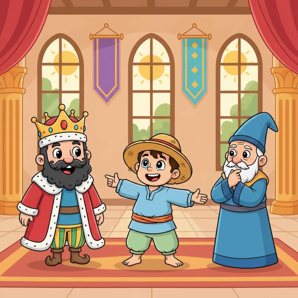 رحیم کسان محل میں بادشاہ اور اس کے مشیروں کو اپنے تجربات اور سادہ زندگی کی حکمت کے بارے میں بتا رہا ہے۔ وہ ہاتھ کے اشارے سے فطرت اور قناعت کی اہمیت سمجھا رہا ہے۔ سب لوگ اس کی باتیں غور سے سن رہے ہیں۔