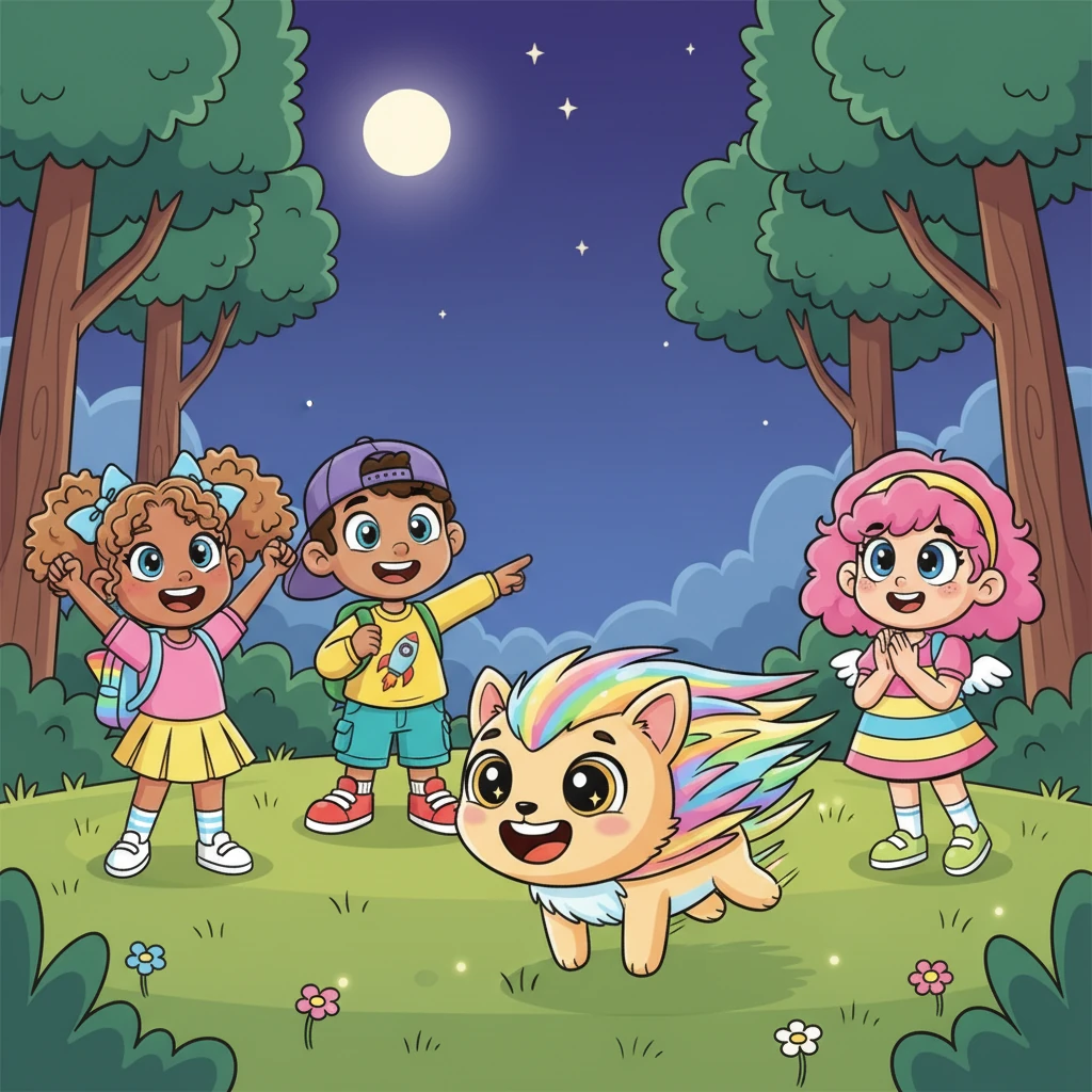 One evening, a blur of iridescent fur zipped into the clearing – it was Zip, a brand-new friend with super-speedy legs and an even speedier smile. Zip was eager to join the game, their eyes sparkling with excitement. The other friends cheered, happy to welcome a new playmate.