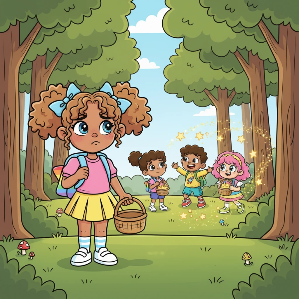 Pip, who usually felt so proud, stood quietly at the edge of the clearing, their own little basket empty. A tiny frown creased their expressive face, and their ears drooped just a little. It felt like all the stars, and all the fun, were suddenly out of reach.