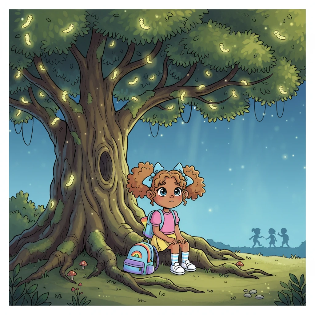 Feeling a bit invisible, Pip wandered away from the boisterous game and sat alone under the giant, softly glowing glow-worm tree. The gentle hum of the glow-worms was a small comfort, but Pip still felt a quiet pang of sadness. What was a Star Catcher to do when all the stars were caught by someone else?