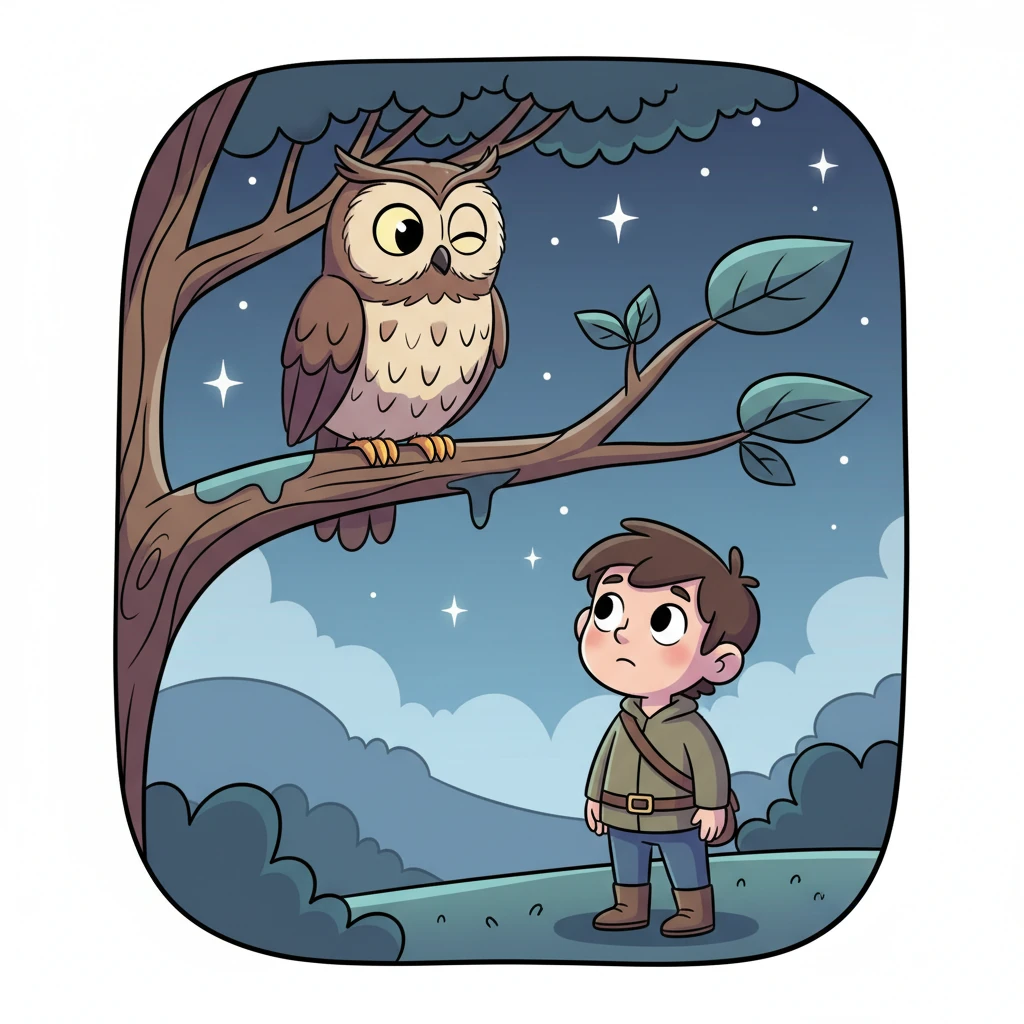 Suddenly, a wise old owl, perched high on a branch, hooted softly and blinked its big, knowing eyes at Pip. "Little one," the owl whispered, "there are many ways to shine in the night, more than just catching stars." Pip looked up, a glimmer of hope sparking in their heart.