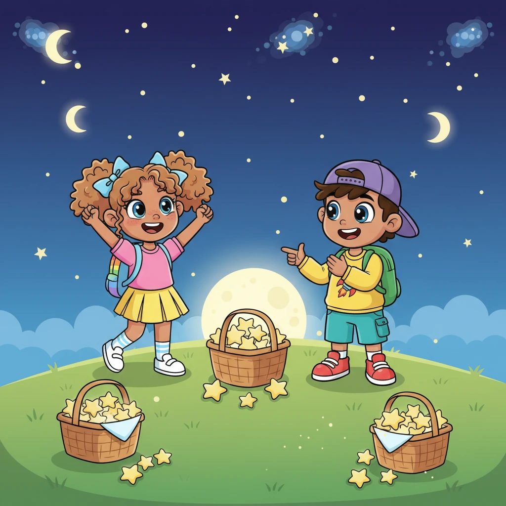 The night ended with all the friends gathered together, their baskets overflowing with collected stars and their hearts full of joy. They celebrated Zip's amazing speed and Pip's brilliant guidance, a perfect team under the vast, twinkling sky. Everyone knew that Pip, the Moonbeam Guide, brought a unique and wonderful sparkle to their games.